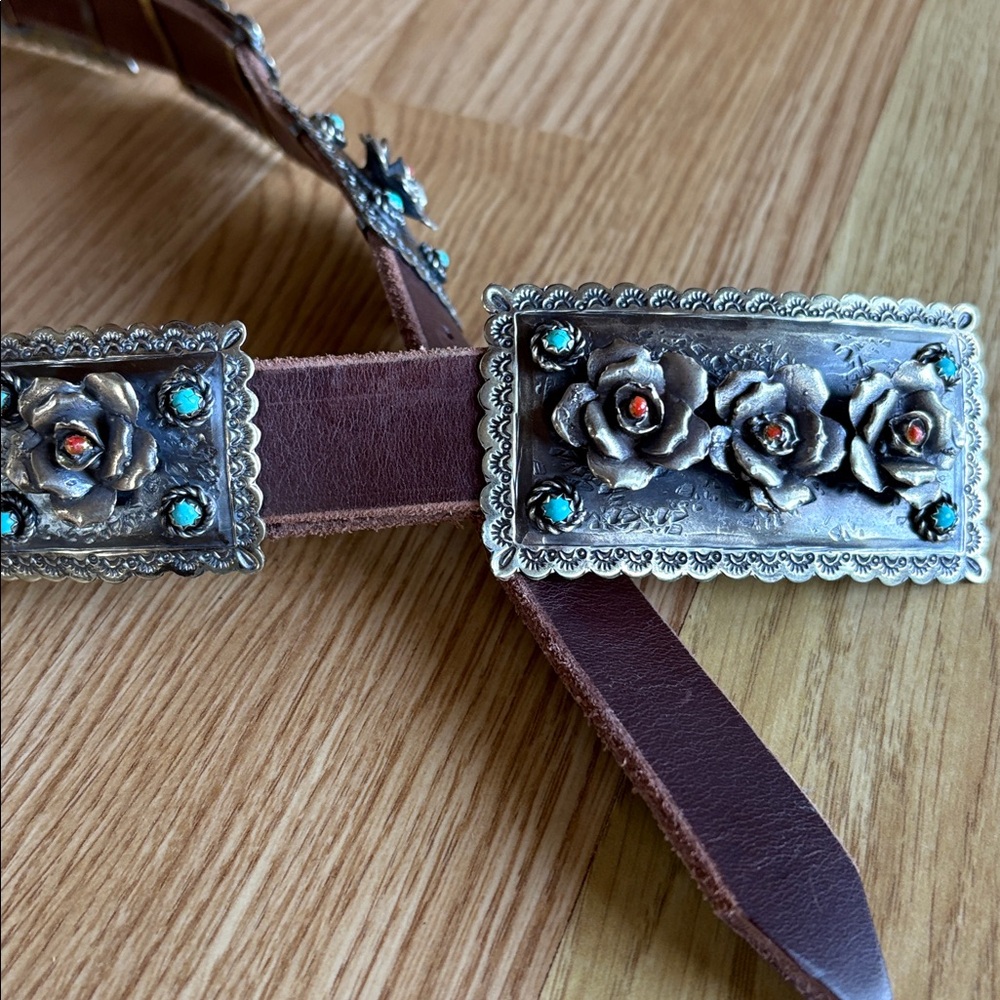 Rodeo Quincy Rosita Brown Leather Belt with Silver Floral Accents Concho belt - Picture 3 of 4